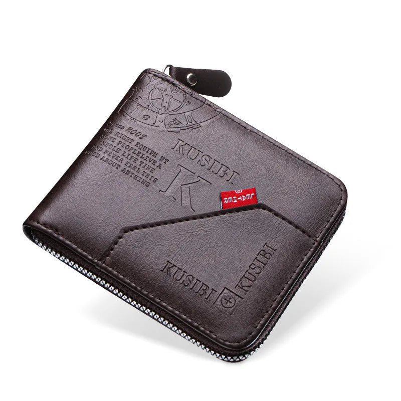 A dark brown vintage PU leather zipper wallet with a leather strap and stitched edge.