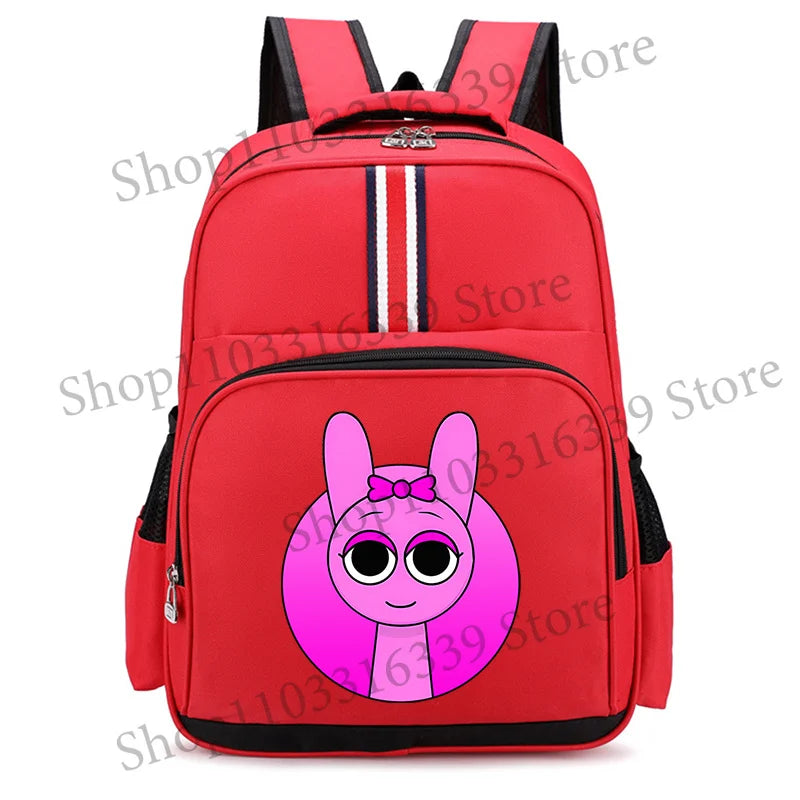 A bright red backpack featuring a cartoon anime character with pink hair and a bow.