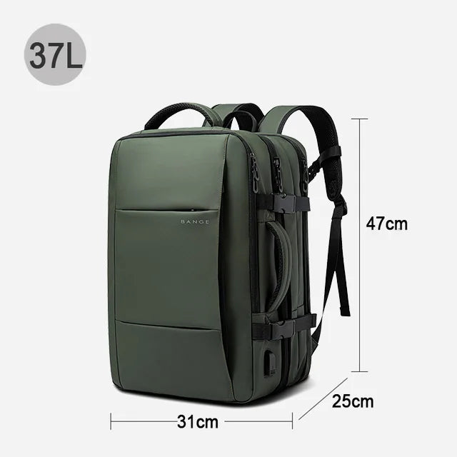 A dark olive green men's business travel backpack shown from the side with dimensions 37L and 47cm tall.
