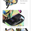 A clear PVC backpack showing various storage features including pockets and a large main bag.