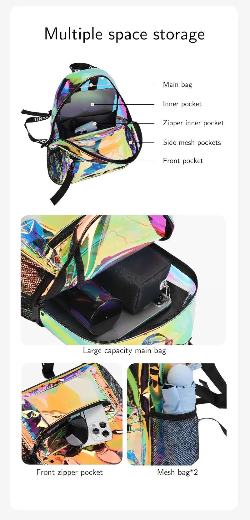 A clear PVC backpack showing various storage features including pockets and a large main bag.