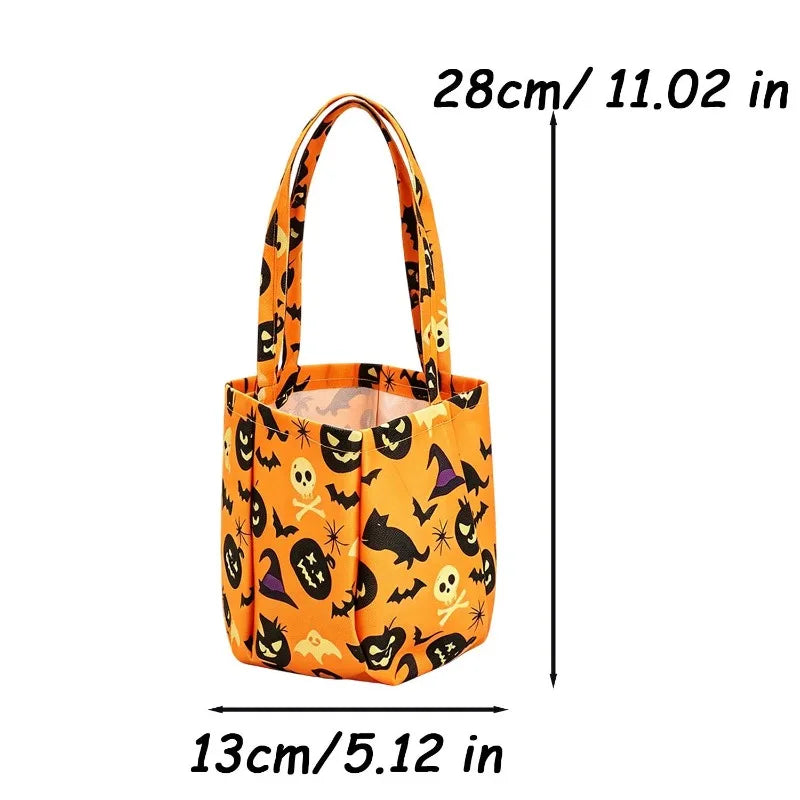 Orange non-woven tote bag featuring Halloween designs of ghosts, bats, and skulls.