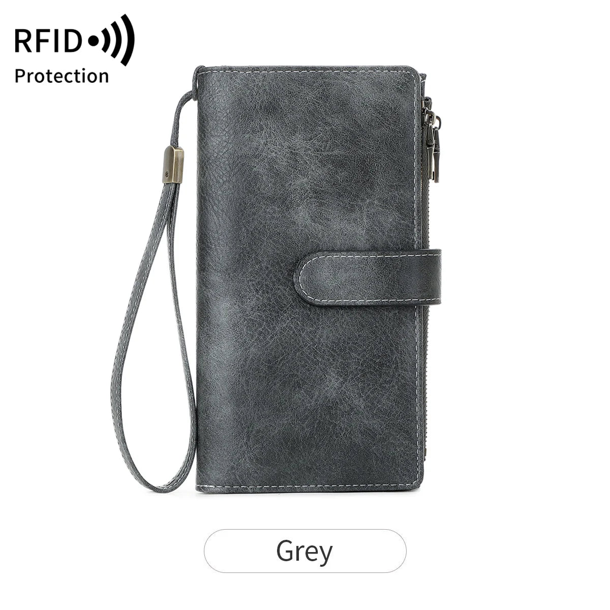 A grey leather trifold clutch wallet with a protective RFID shield and attached lanyard.