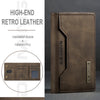 A brown leather trifold magnetic card holder wallet with stitching and a slim design.