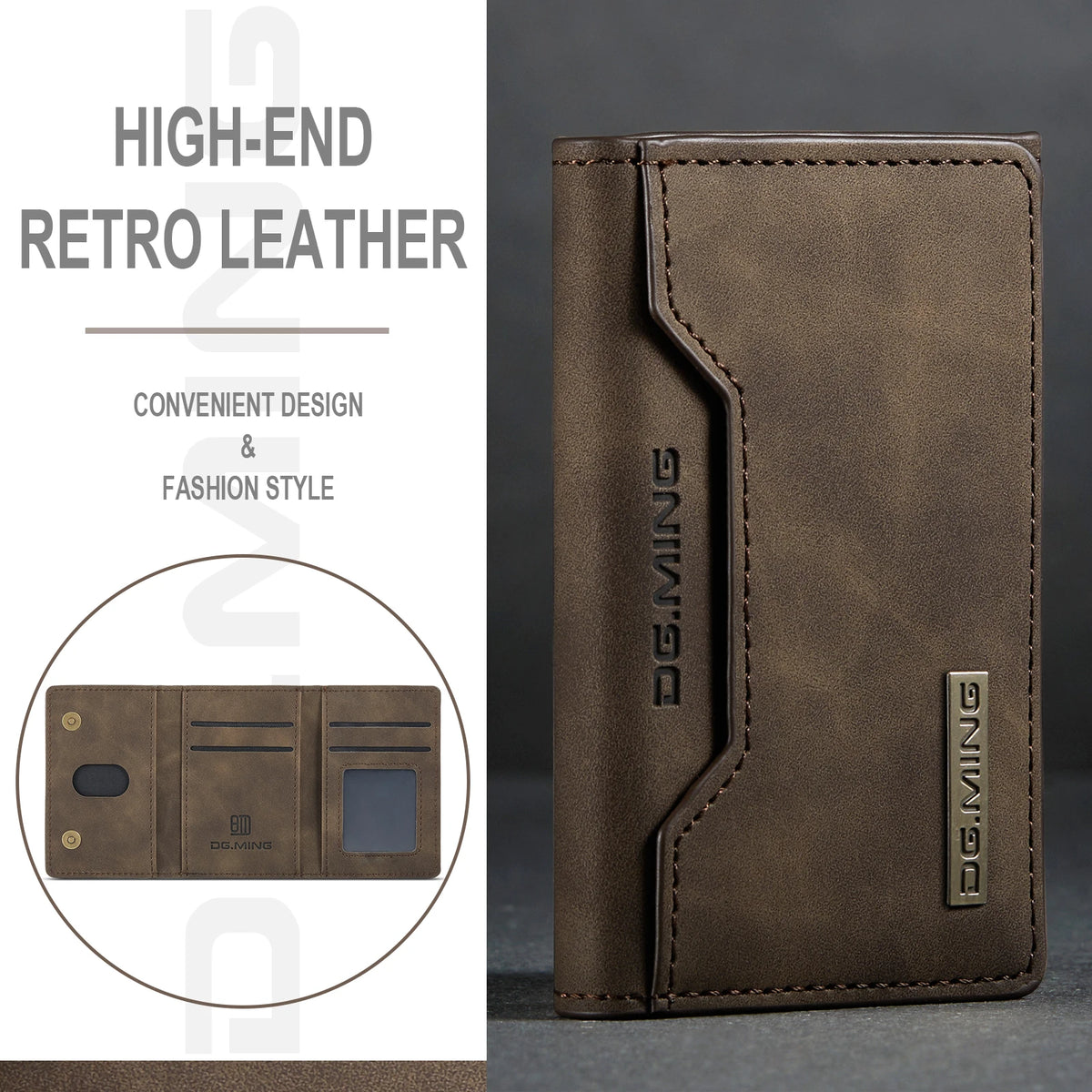 A brown leather trifold magnetic card holder wallet with stitching and a slim design.