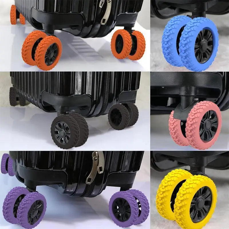 A set of silicone luggage wheels in various colors including black, orange, blue, and purple.