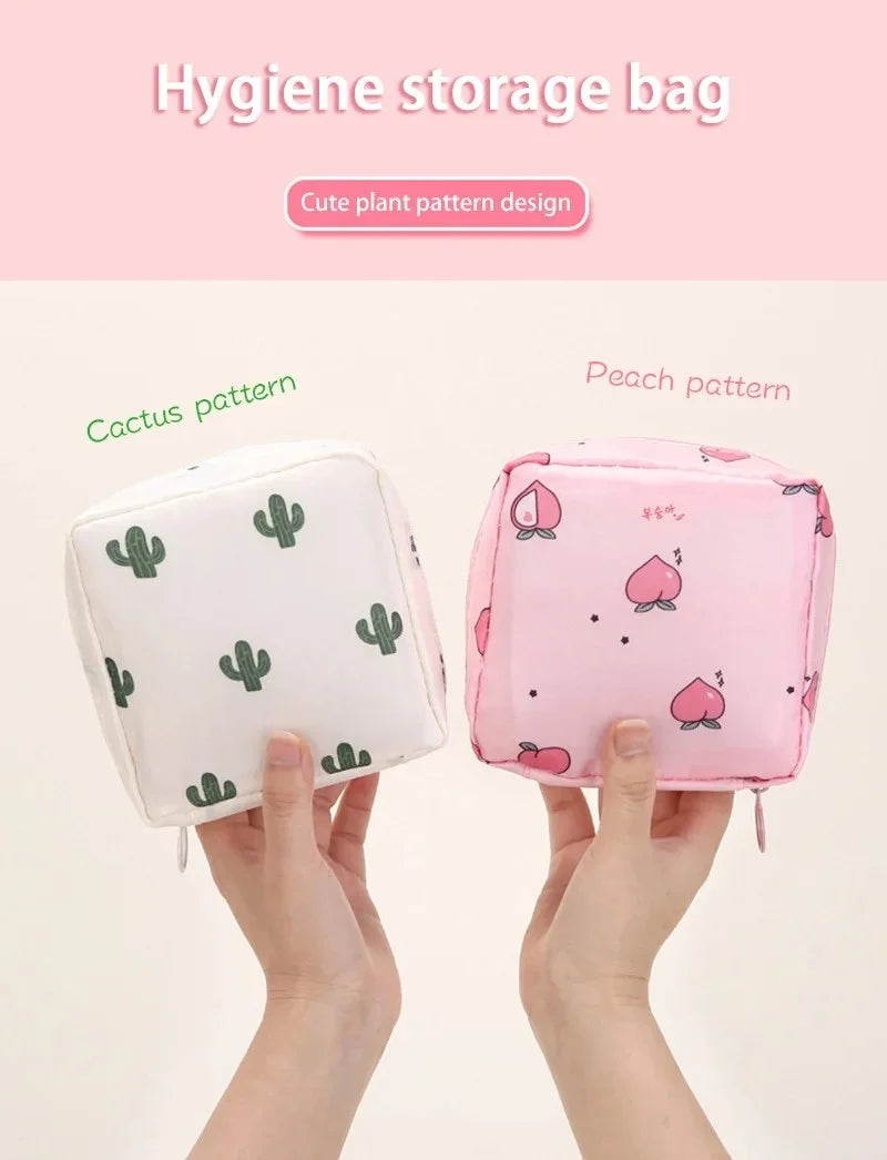 A pink hygiene storage bag featuring a peach pattern and a white one with a cactus pattern.