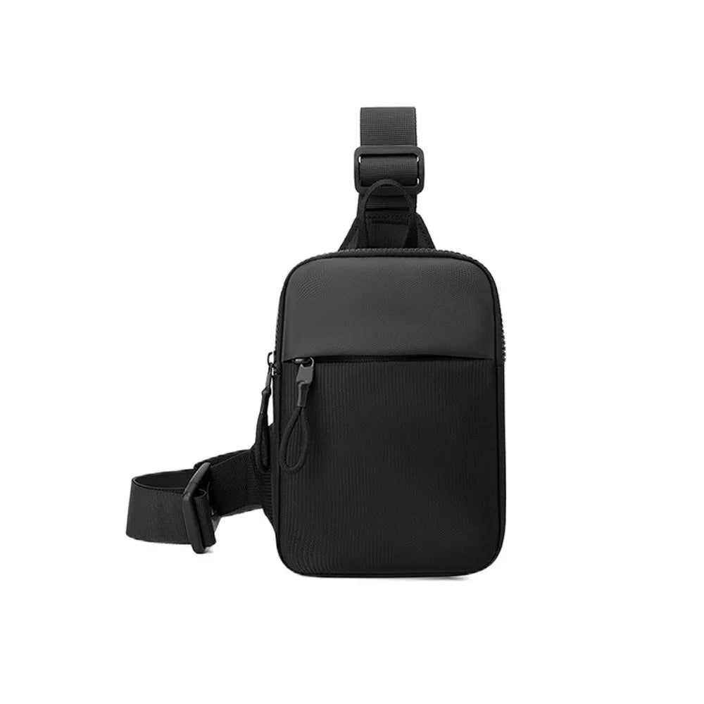 Black Oxford chest bag for men with a strap and pocket.