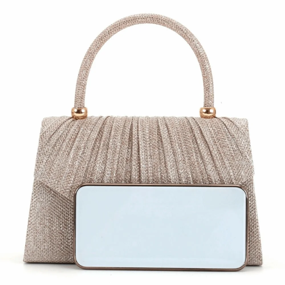 A beige shimmering textured handbag with a gold handle and a rectangular mirror detail.