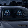Two skull headrest covers with a blue glow design are visible inside a car.