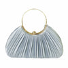 A silver blue satin pleated evening clutch bag with a gold rim.