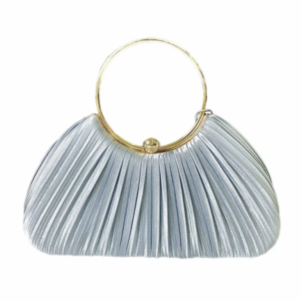 A silver blue satin pleated evening clutch bag with a gold rim.