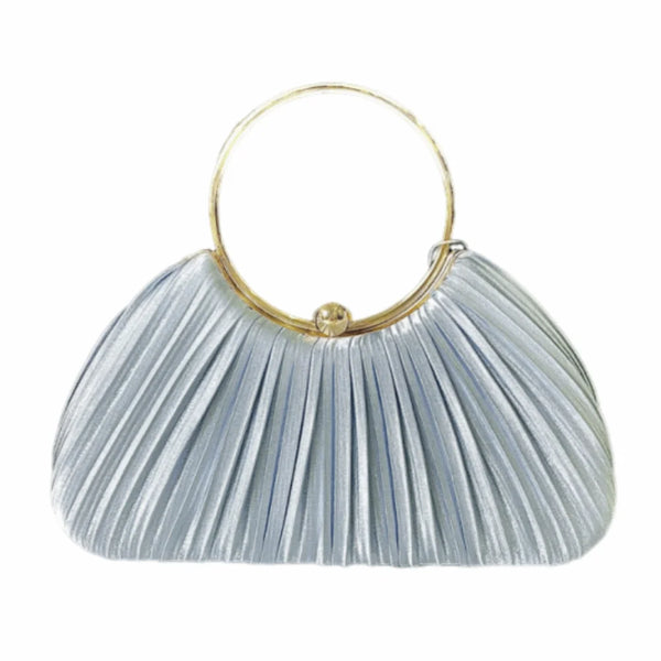 A silver blue satin pleated evening clutch bag with a gold rim.