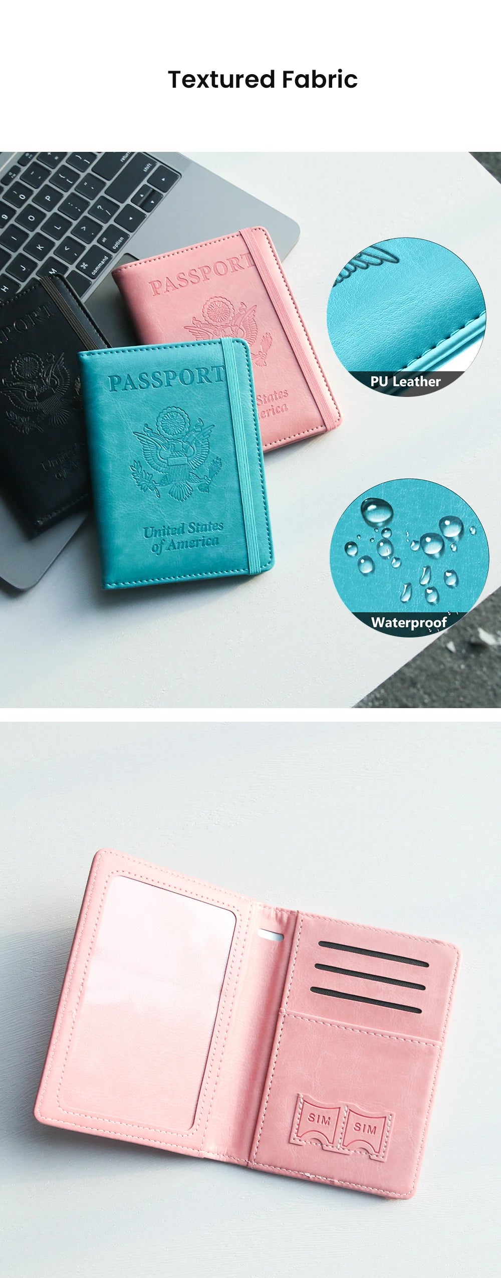 A pink leather passport holder with a clear plastic window and embossed SIM slots.