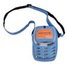 A blue vintage Y2K telephone backpack with a black strap and keypad.