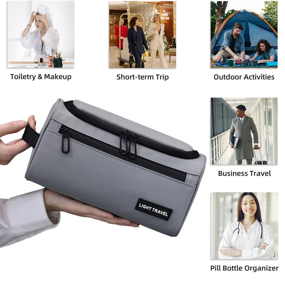 A gray light travel toiletry bag shown next to various travel and activity contexts.