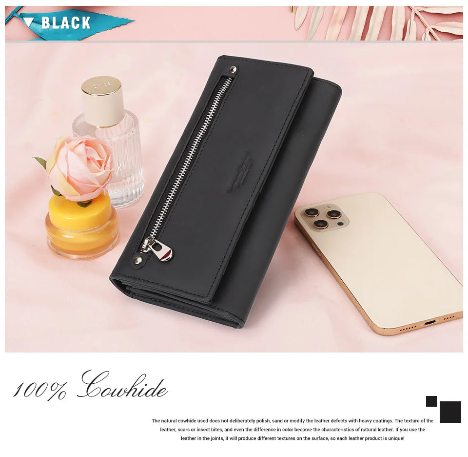 A black genuine leather wallet is shown next to a smartphone on a pink background.