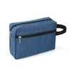A navy blue fabric cosmetic bag with a black zipper and a black carrying strap.