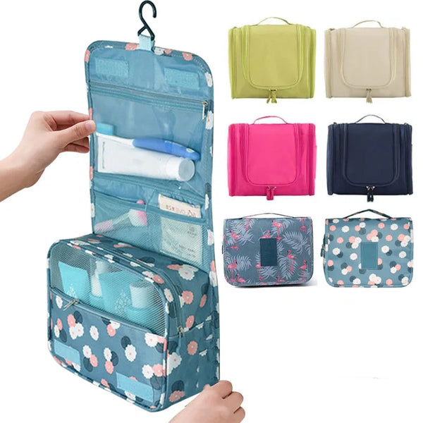 Collection de pochettes de voyage à imprimé floral multi-compartiments dans diverses couleurs (vert, beige, rose et bleu).