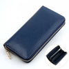 A navy blue genuine leather zipper wallet shown open and closed, with a close-up view of the interior.