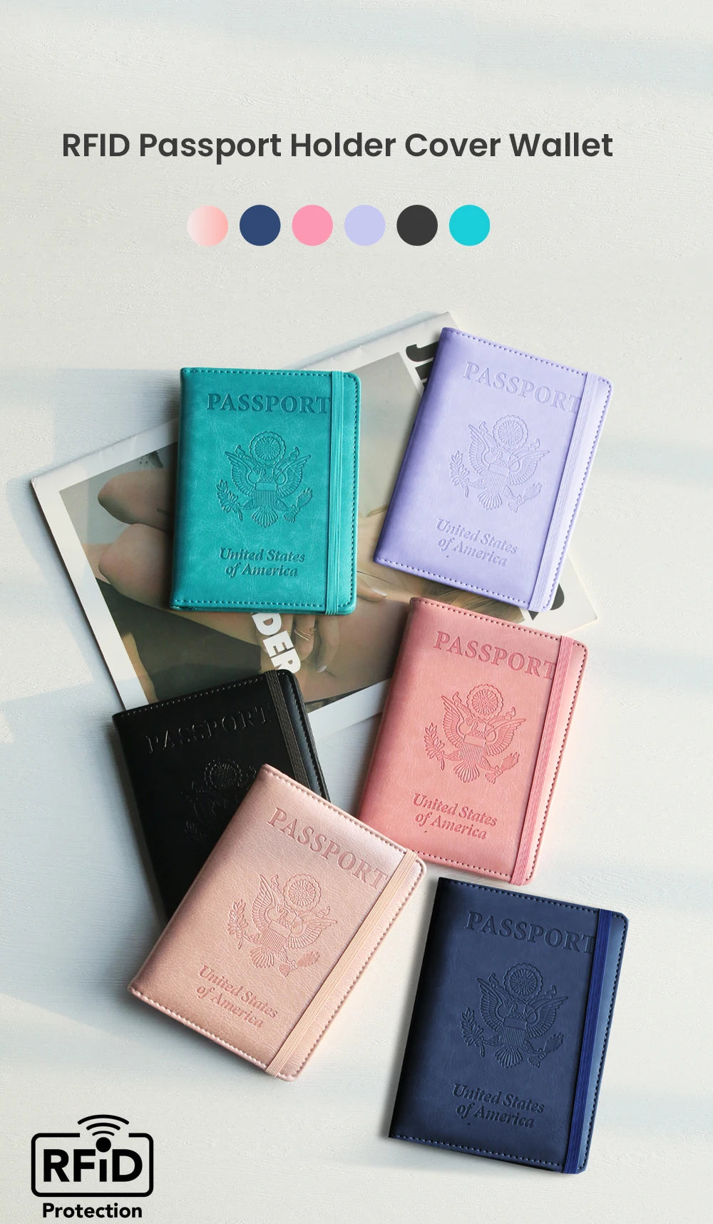 A collection of various colored RFID blocking PU leather passport holders displayed on a white background.