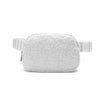Ivory fleece crossbody belt bag with white strap
