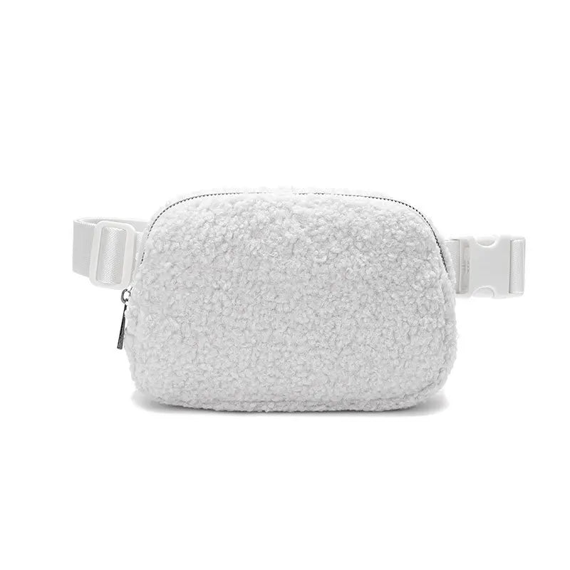 Ivory fleece crossbody belt bag with white strap