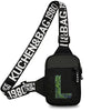 Schwarze Leinensacktasche mit weißem Riemen und grüner Initialen-Stickerei