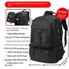 Black upgraded version of a durable travel backpack with features like a front pocket and USB charging port.