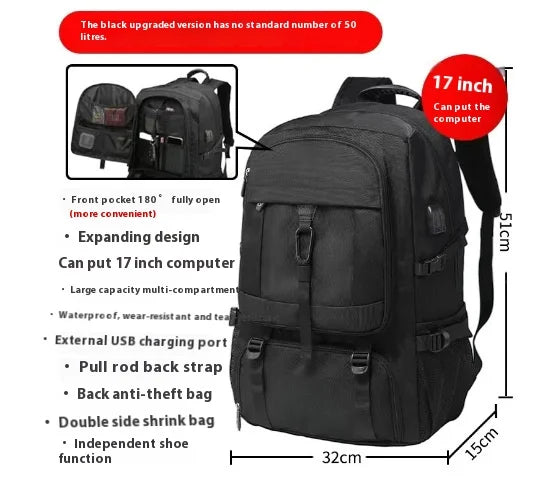 Black upgraded version of a durable travel backpack with features like a front pocket and USB charging port.