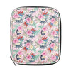A pink floral patterned storage bag for crochet hooks and sewing accessories.