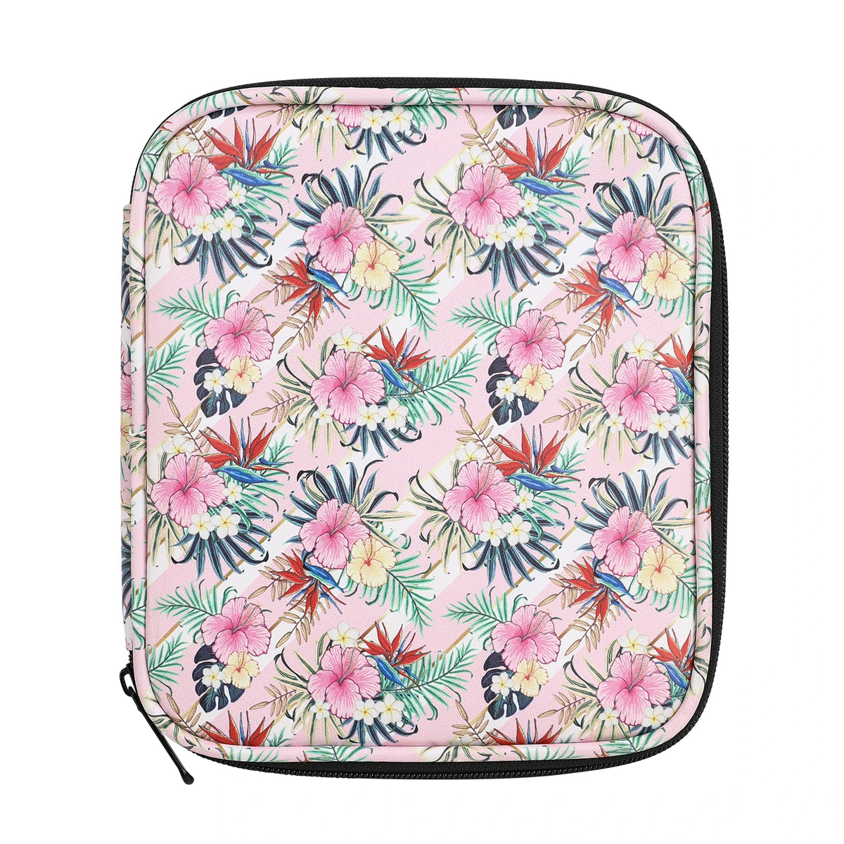 A pink floral patterned storage bag for crochet hooks and sewing accessories.