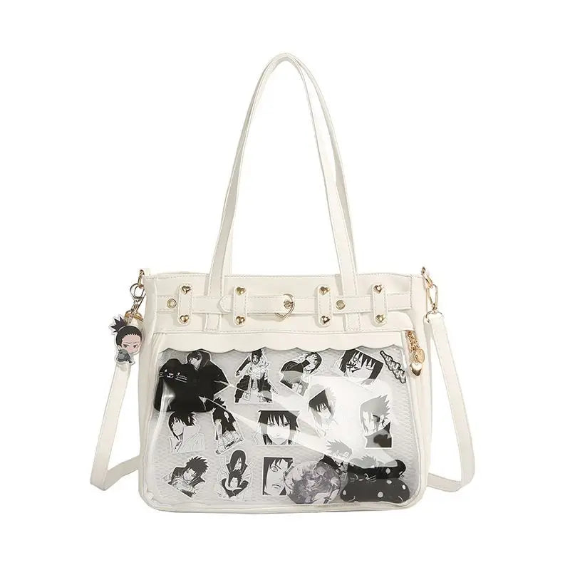 A white Y2K punk goth crossbody bag with gold hardware and a leather-look print on the front.