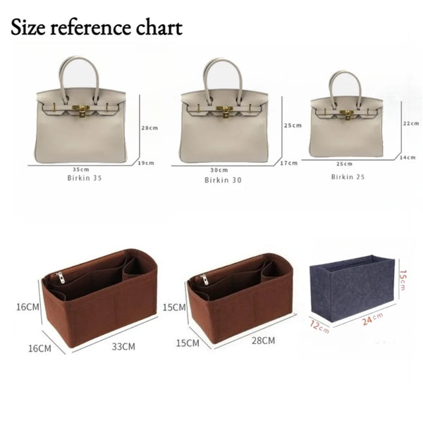 Size reference chart showing dimensions for Birkin bags and felt organizers.
