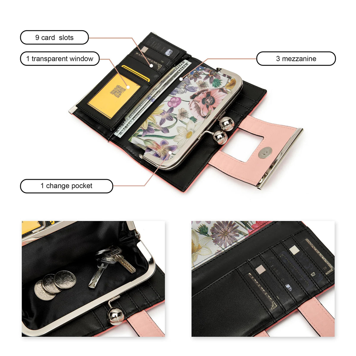 Cartera negra para mujer con estampado floral de mariposa, 9 ranuras para tarjetas, ventana transparente y bolsillo para camb