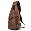 Brown men's chest bag with a flap closure and headphone port