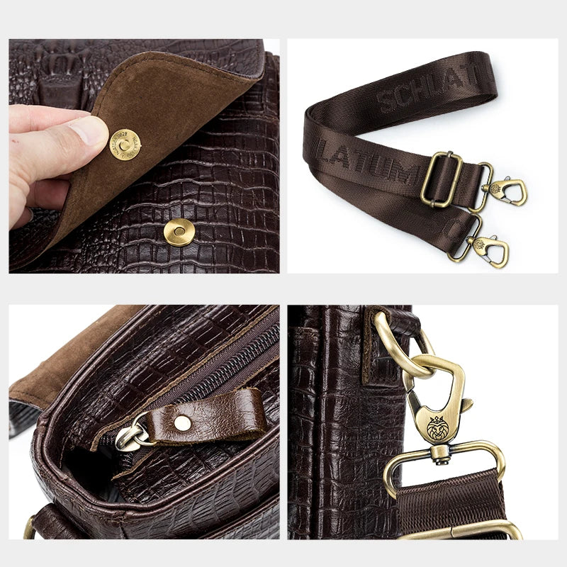 Braune, echte Ledervintage-Krokodilmuster-Schultertasche mit Messing-Hardware und Lederriemen.
