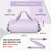 A light purple women's waterproof travel duffel bag with adjustable shoulder straps and a shoe compartment.