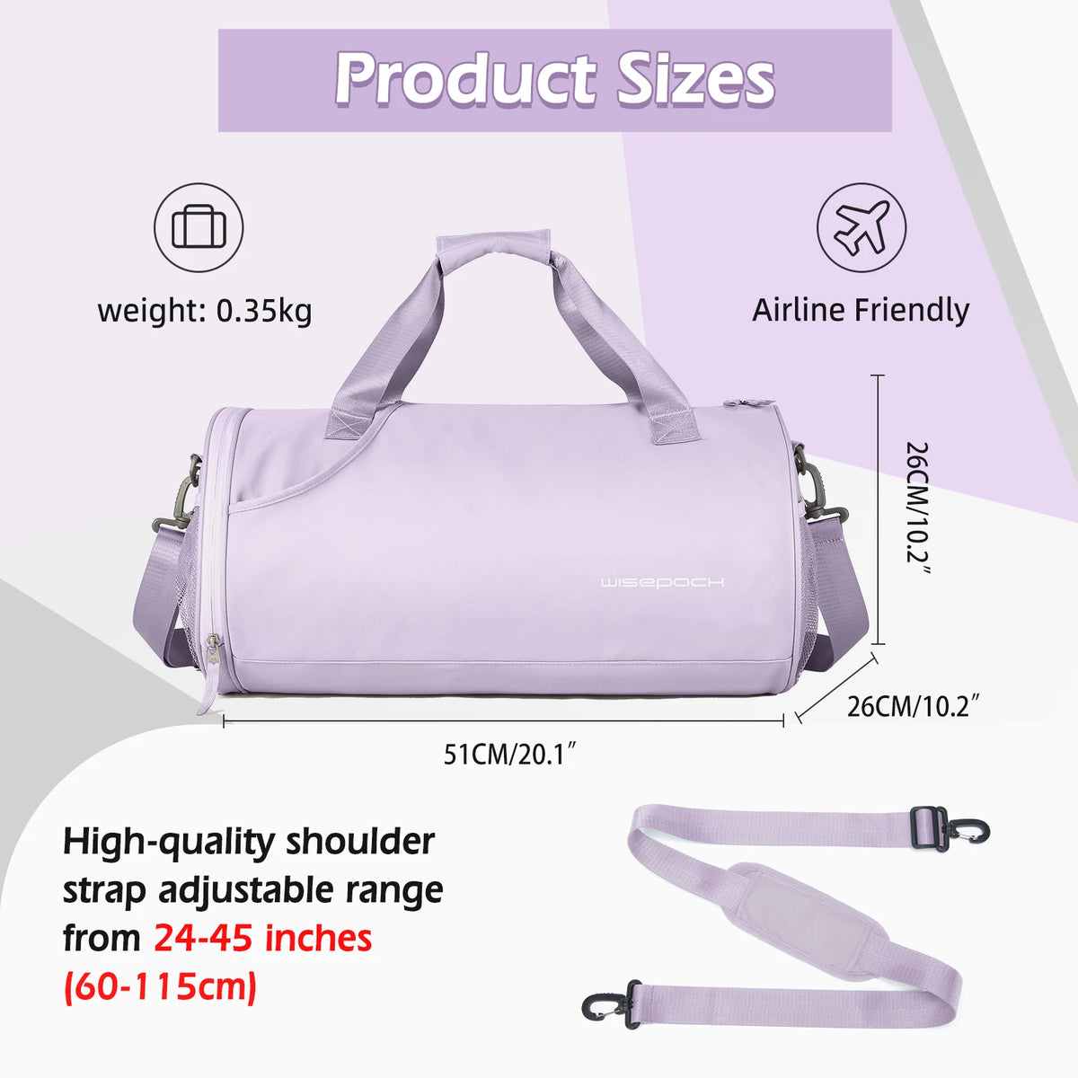 A light purple women's waterproof travel duffel bag with adjustable shoulder straps and a shoe compartment.