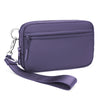 A purple checkered multi-card wallet with a clear ID window and a strap is shown against a white background.