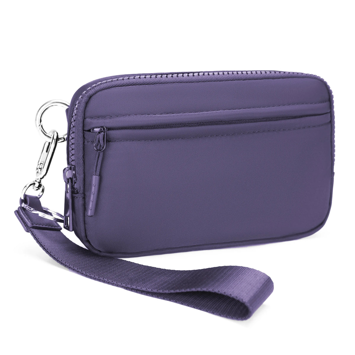 A purple checkered multi-card wallet with a clear ID window and a strap is shown against a white background.