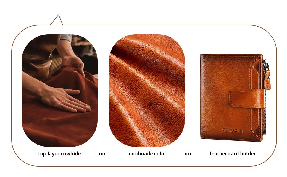 A set of leather goods showing a top layer hide, handmade color texture, and a leather card holder.