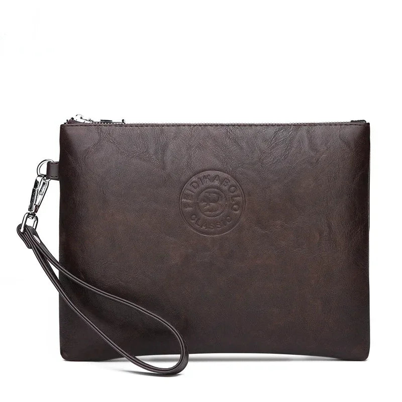A dark brown leather clutch wallet with a zipper and attached leather strap.