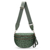 A dark olive green nylon crossbody bag with a leopard print pattern and tan hardware.