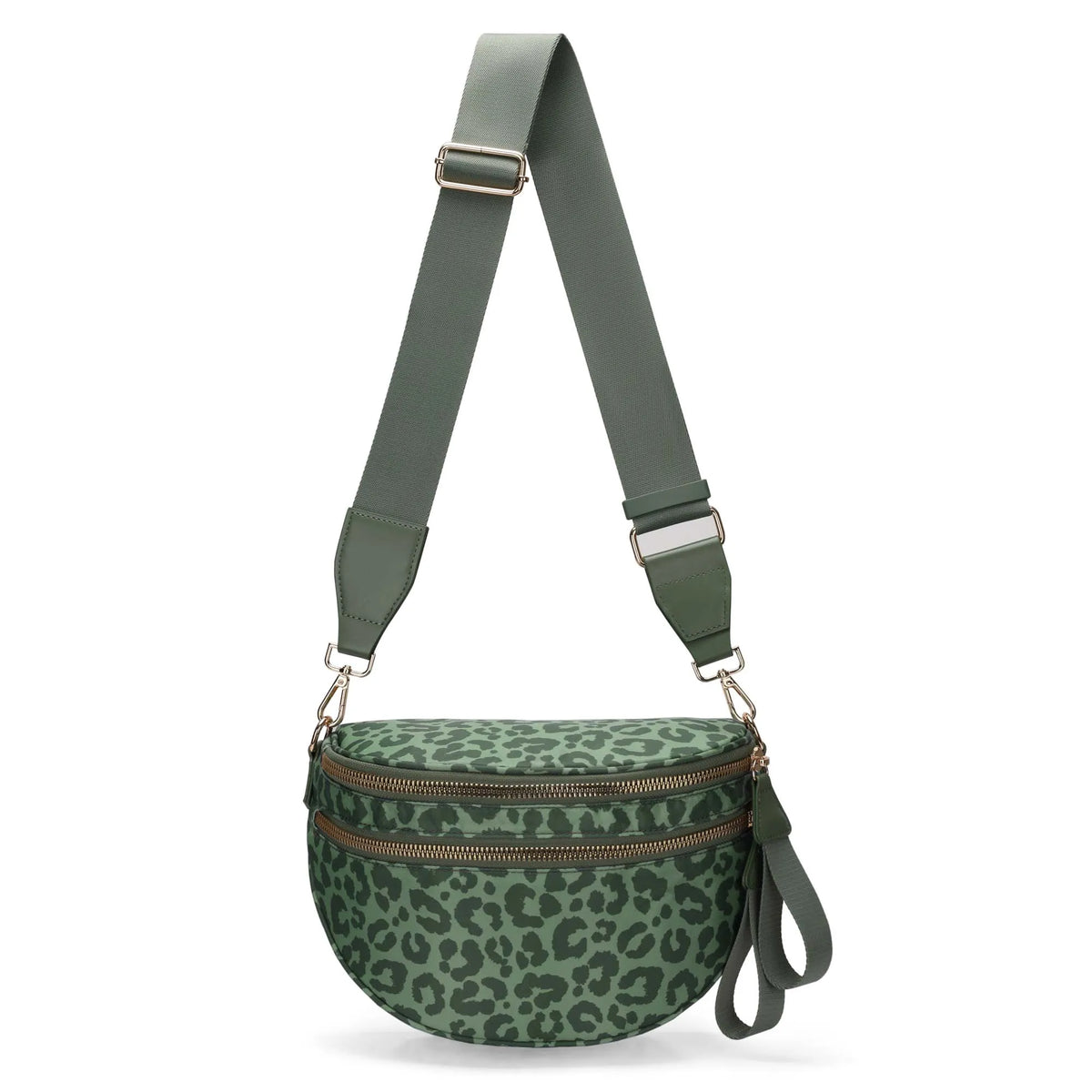 A dark olive green nylon crossbody bag with a leopard print pattern and tan hardware.