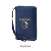 A navy blue passport wallet with a gold zipper and wrist strap featuring a globe design.