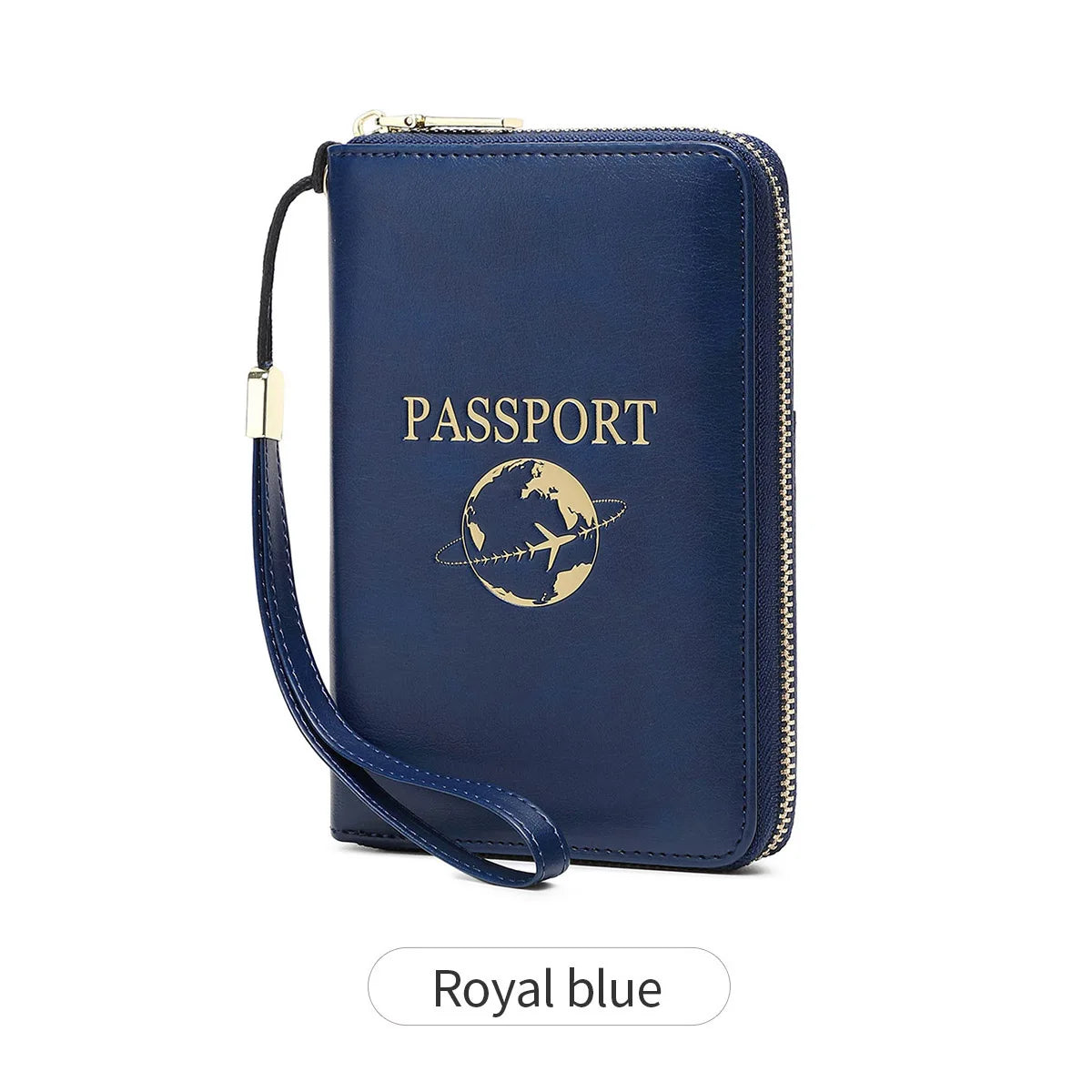 A navy blue passport wallet with a gold zipper and wrist strap featuring a globe design.