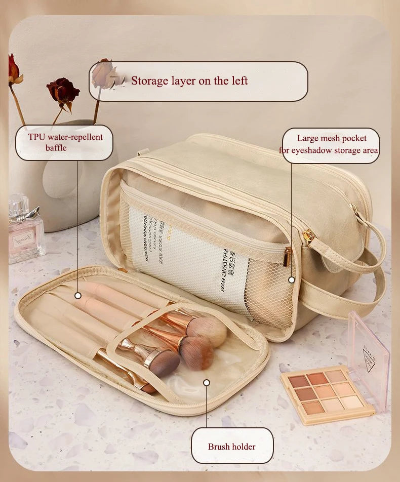 A beige makeup organizer bag showing storage layers, a large mesh pocket for eyeshadow, and a brush holder with makeup brushe