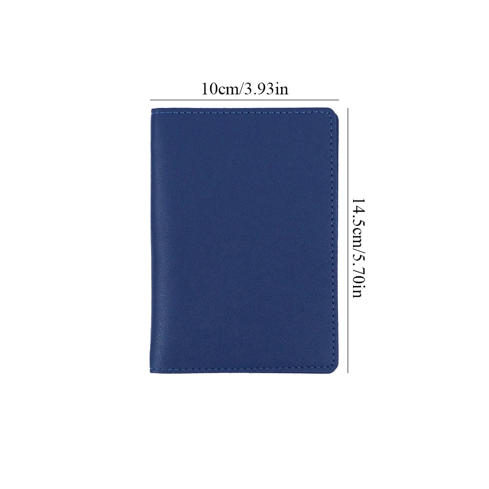 A dark blue PU leather passport holder with dimensions of 10cm by 14.5cm.