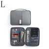 A gray multi-pocket waterproof travel document organizer with a black carrying case.